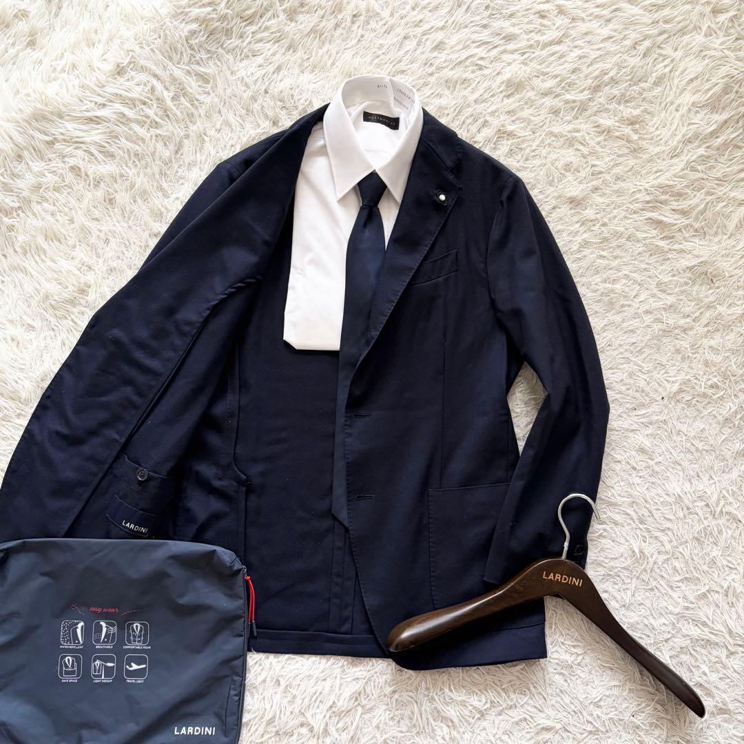 <美品>LARDINI easy wear新ロゴ ネイビー ウールジャケット46