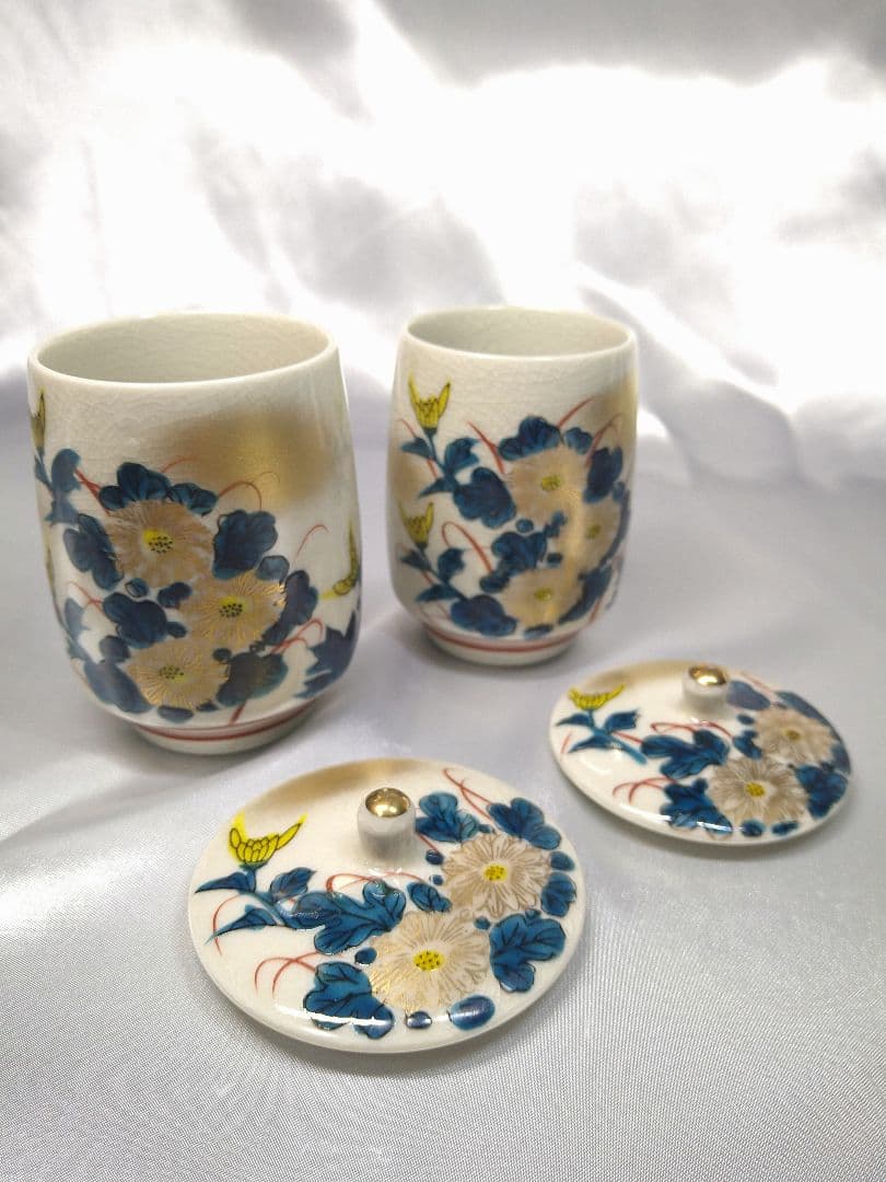 九谷焼 緑風作 菊花絵 夫婦湯呑 蓋付き 美品