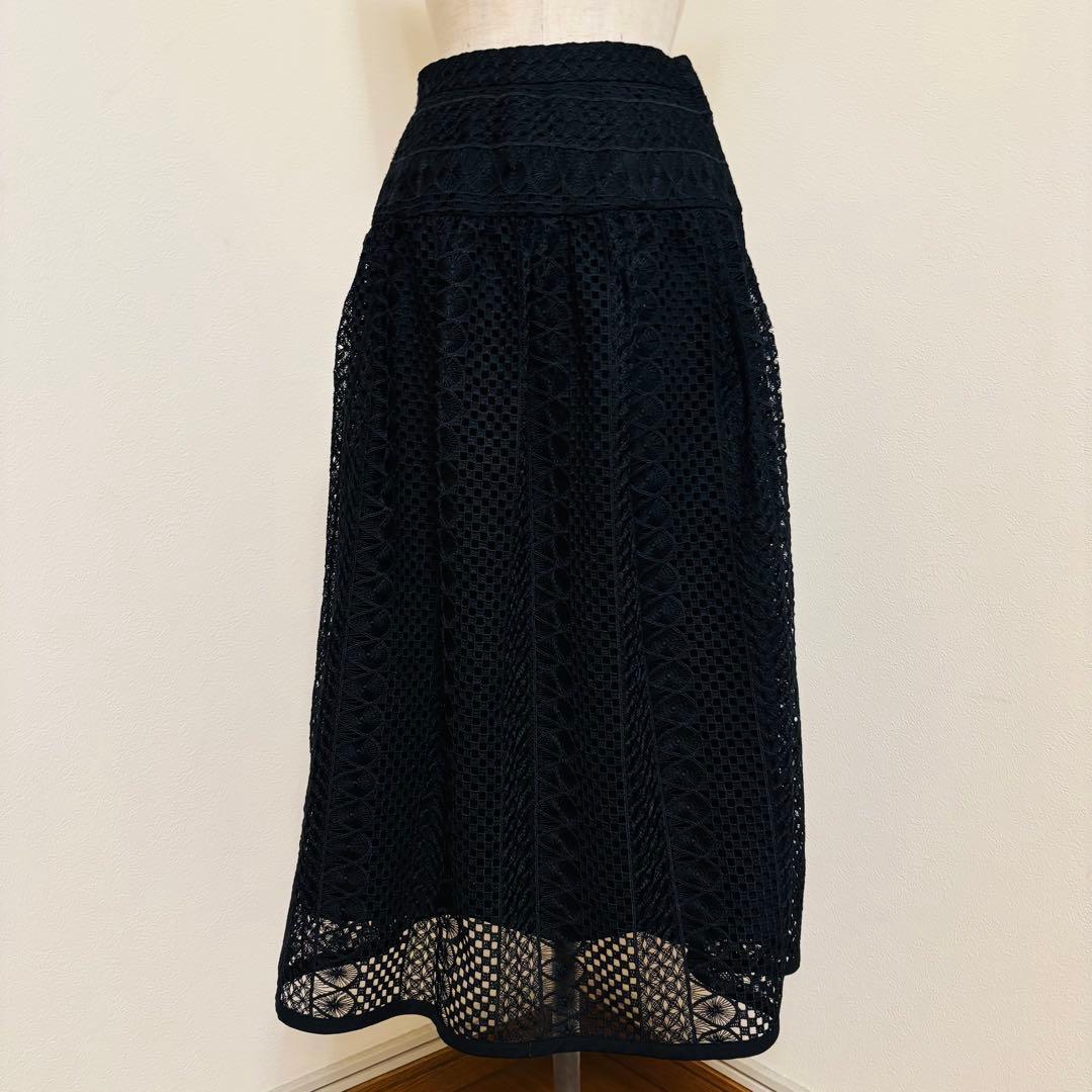 ANAYI アナイ 総レース フレアスカート 黒 36 S ミモレ丈 上品
